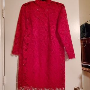Red Mockneck Shift Dress with Lace Overlay 14W